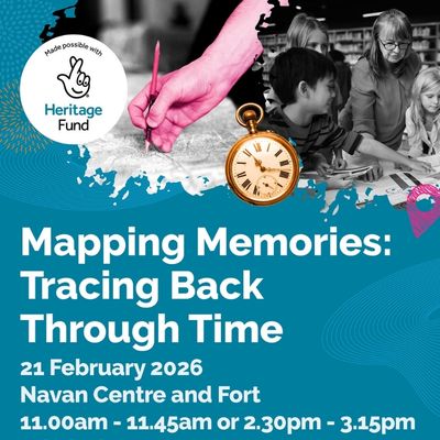 Advertisement for event with a hand over a map and kids talking in the background